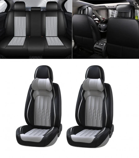 Set huse scaune auto universale, piele ecologica gri cu negru, fata-spate