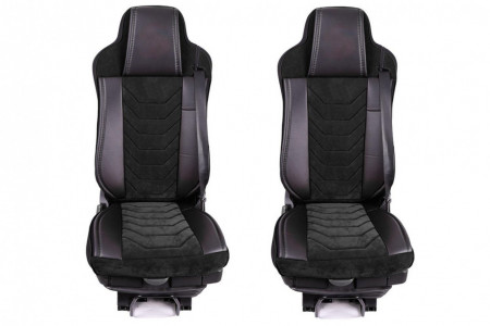 Set huse scaune camion compatibile SCANIA R G P 2005-2016, tetiere integrate, piele ecologica cu catifea, negru cu negru