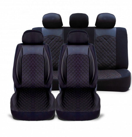 Set huse scaune auto compatibile DACIA DUSTER 2020->, piele ecologica cu textil, negru cusatura neagra