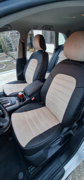 Set huse scaune auto, dedicate Audi A6 C7 2011-2018, piele ecologica cu textil, negru cu gri