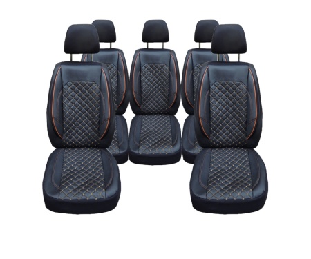 Set huse scaune auto, dedicate VW Touran 2003-2010, 5 locuri individuale, piele ecologica neagra si cusaturi maro in romb