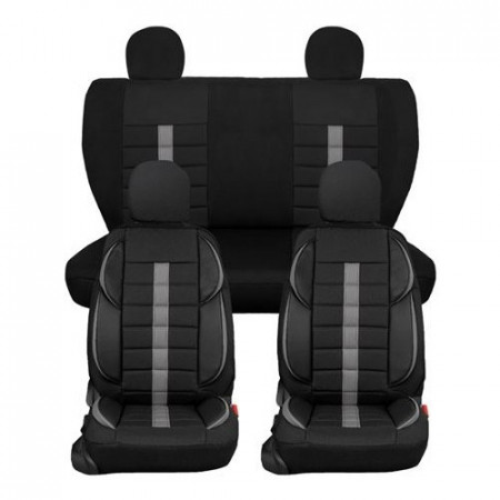 Set huse scaune auto, universale, fata-spate, negru cu dunga gri, textil si piele ecologica