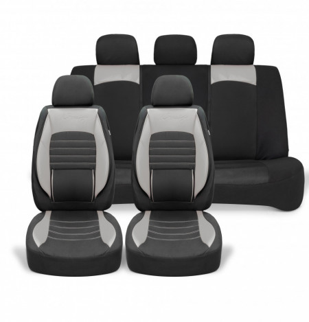 Set huse scaune auto universale, piele ecologica gri cu material textil negru, fata-spate