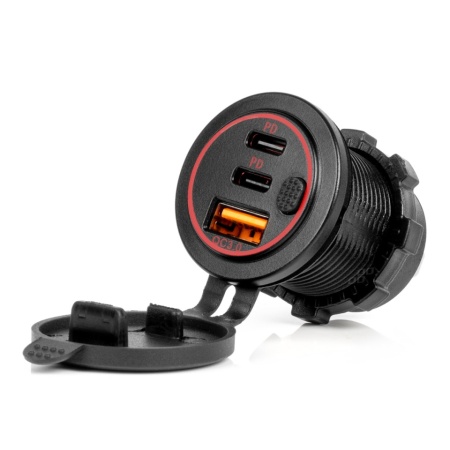 Incarcator de telefon impermeabil cu comutator, iluminare din spate cu LED rosu, USB + 2xUSB C QC3.0 12/24V