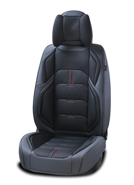 Set huse scaune auto compatibile cu Dacia Logan II 2012-2020, fata-spate, piele ecologica negru cu gri inchis