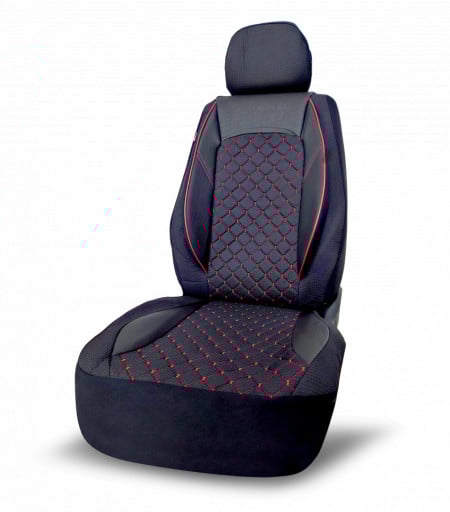 Set huse scaune auto compatibile Ford Custom 2012->, fata 2+1 locuri, piele ecologica cu textil, negru cusatura rosie