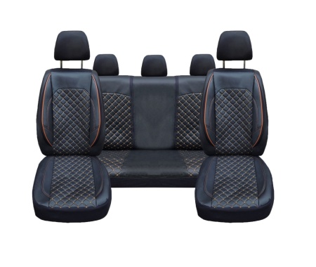 Set huse scaune auto dedicate Dacia Duster II 2018-> piele ecologica neagra si cusaturi maro in romb