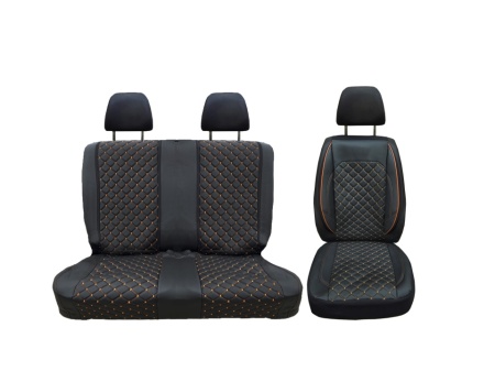 Set huse scaune auto, dedicate IVECO Daily 2014->, 2+1 fata, piele ecologica neagra si cusatura maro in romb
