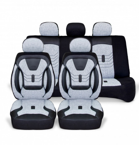 Set huse scaune auto universale seria KETEN, material textil gri si piele ecologica neagra, fata-spate, compatibil airbag