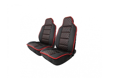 Set 2 Huse auto Scaune Fata 1+1 Universal, Material textil negru cu imitatie de piele neagra cu cusaturi rosii