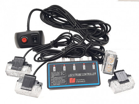Set 4 Lumini LED, 2 Led, Tip Stroboscop De Avertizare, Galben, Flash, cu Controler, 12V