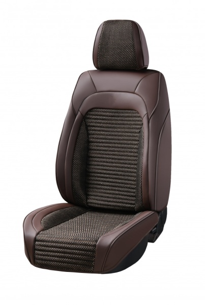 Set huse scaune auto compatibil cu Dacia Logan III 2021-> piele ecologica maro cu material textil maro, fata-spate