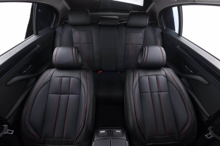 Set huse scaune auto compatibil Seat Leon III 2012-2020, fata-spate, piele ecologica neagra si cusaturi rosii