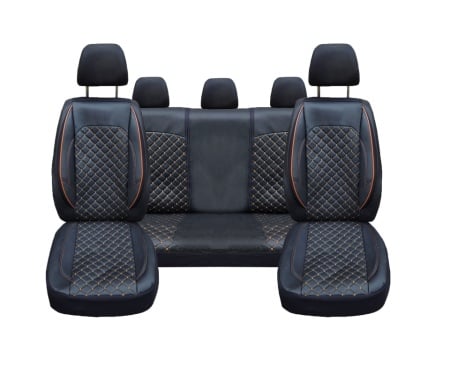 Set huse scaune auto, dedicate VW Passat B8 2015->, piele ecologica neagra si cusaturi maro in romb