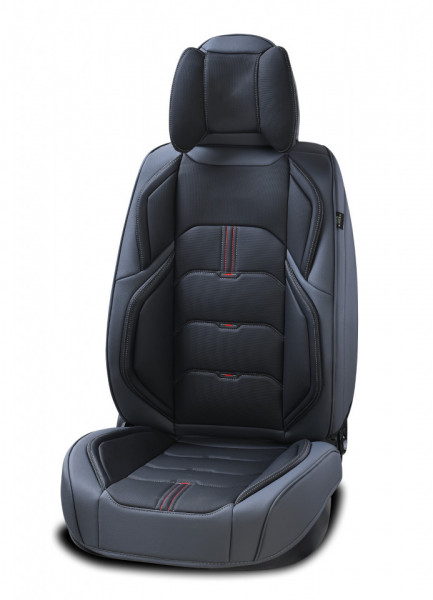 Set huse scaune auto universale, fata-spate, piele ecologica negru cu gri inchis