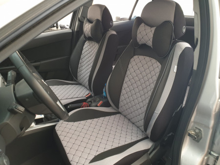 Set huse scaune auto universale, piele ecologica neagra cu material textil gri, fata-spate - Img 1