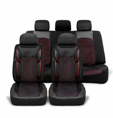 Set huse scaune auto universale, piele ecologica neagra cu material textil negru, fata-spate