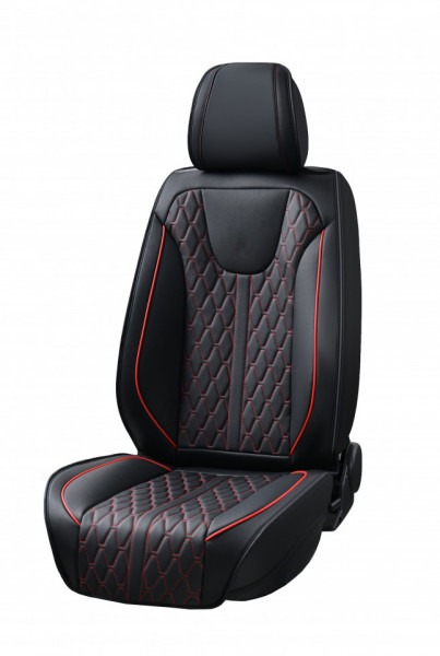 Set huse scaune auto universale, piele ecologica negra cu cusatura rosie, fata-spate