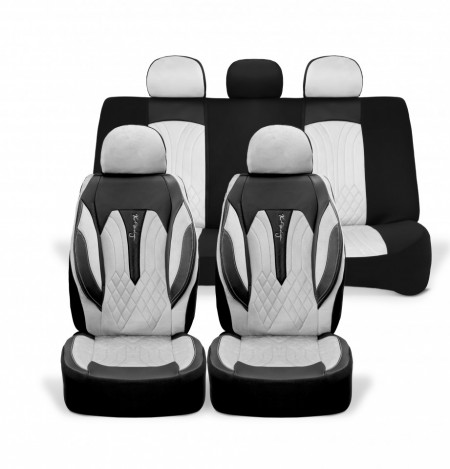 Set huse scaune auto universale seria SIDNEY, material textil gri si piele ecologica neagra, fata-spate, compatibil airbag