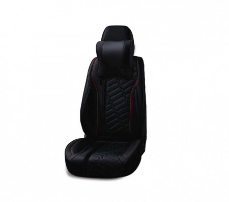 Set huse scaune auto universale, piele ecologica negru cu cusatura rosie, Deluxe Design fata-spate