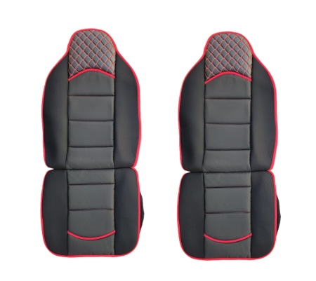 Set 2 huse scaune auto pentru fata, piele ecologica cu textil, negru cu cusatura rosie