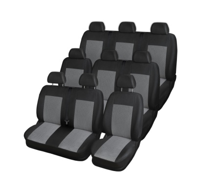 Set huse auto pentru scaune compatibile OPEL VIVARO 2001-2014 8+1 locuri, material textil negru cu gri