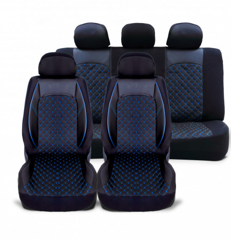 Set huse scaune auto compatibile DACIA DUSTER 2020->, piele ecologica cu textil, negru cusatura albastra