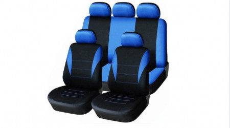 Set huse scaune auto, universale, fata-spate, Negru cu albastru, material textil, compatibil airbag