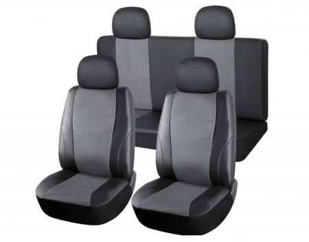 Set huse scaune auto, universale, fata-spate, piele ecologica, negru cu gri