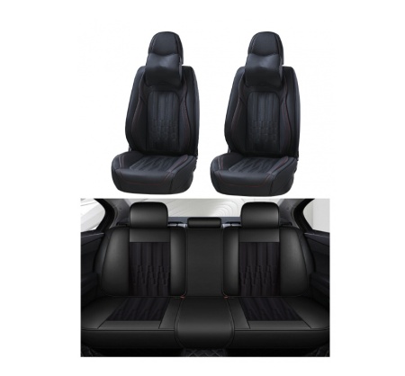 Set huse scaune auto universale, piele ecologica neagra, cusatura roise, fata-spate