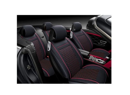 Set huse scaune auto universale, piele ecologica, negru si cusatura rosie, fata-spate