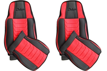 Set huse scaune camion compatibile MAN TGX 2007-2020 negru cu rosu, piele ecologica cu catifea