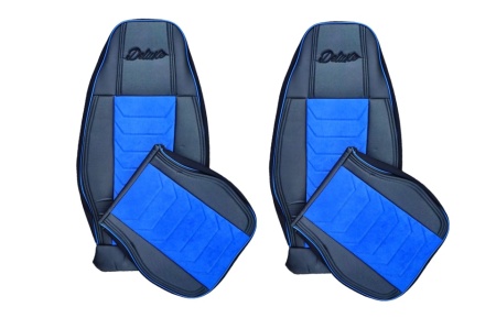 Set huse scaune camion compatibile VOLVO FH euro 6 2012-> negru cu albastru, piele ecologica cu catifea