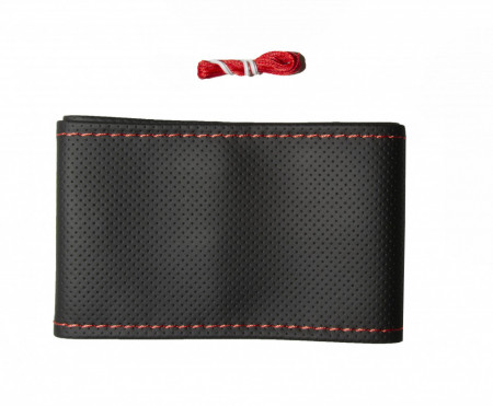 Husa auto volan camion, imititatie piele neagru perforata cu ac si ata rosie, diametru 45 cm, compatibil RENAULT