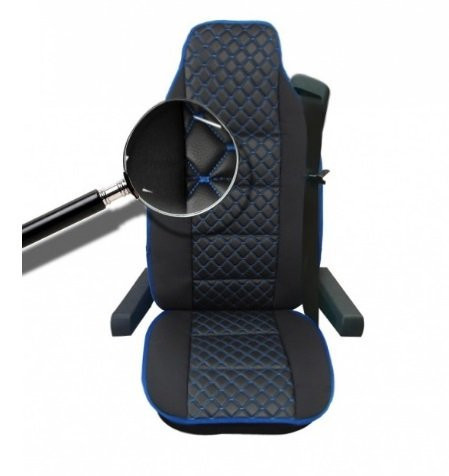 Husa scaun compatibila camion VOLVO, textil negru si piele ecologica neagra cu cusatura albastra