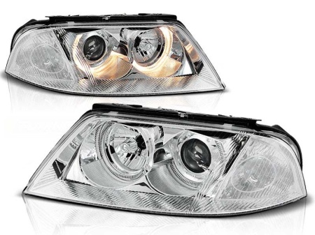 Set 2 faruri compatibil cu VW Passat 3BG B5 2000-2005 Angel Eyes, fundal crom