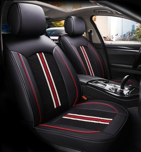 Set huse scaune auto universale, piele ecologica neagra cu material textil negru, cu dungi rosu cu alb, fata-spate