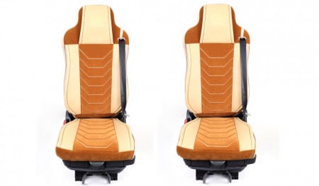 Set huse scaune camion compatibile SCANIA R G P 2005-2016, tetiere integrate, piele ecologica cu catifea, crem cu maro