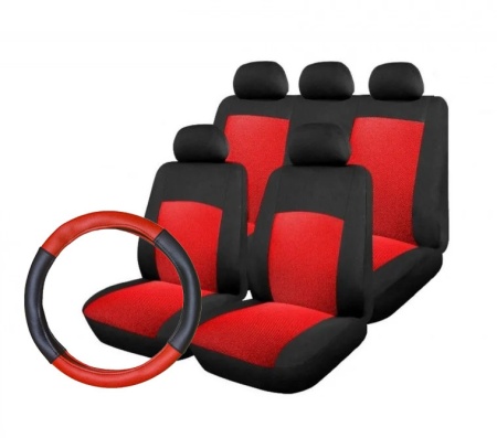 Pachet huse scaune auto, universale, fata-spate, Negru cu rosu, material textil plus husa volan piele ecologica negru cu rosu