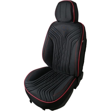 Set huse scaune auto universale Deluxetuning, material textil, negru cu dunga rosie, fata-spate, bancheta fractionata