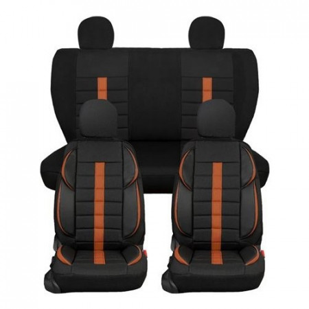 Set huse scaune auto, universale, fata-spate, negru cu dunga maro, textil si piele ecologica