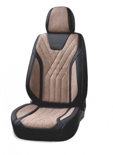 Set huse scaune auto universale, piele ecologica neagra cu material textil maro, fata-spate