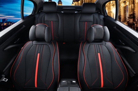 Set huse scaune auto universale, piele ecologica negru cu dunga rosie, Sport Design fata-spate