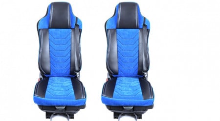 Set huse scaune camion compatibile SCANIA R G P 2005-2016, tetiere integrate, piele ecologica cu catifea, negru cu albastru