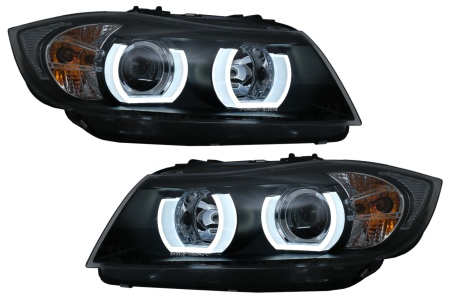 Faruri Halogen U-Led 3D Dual Halo Rims compatibil cu BMW Seria 3 E90 Limuzina E91 Touring (03.2005-08.2008) LHD Negru
