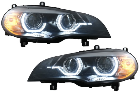 Faruri Xenon Angel Eyes 3D Dual Halo Rims LED DRL compatibil cu BMW X5 E70 2007-2010 Negru