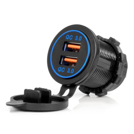 Incarcator de telefon impermeabil cu iluminare LED albastra 2xUSB QC3.0 12/24V