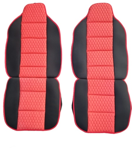 Set 2 Huse auto Scaune Fata 1+1 Universal Lux, Material textil negru cu imitatie de piele rosie