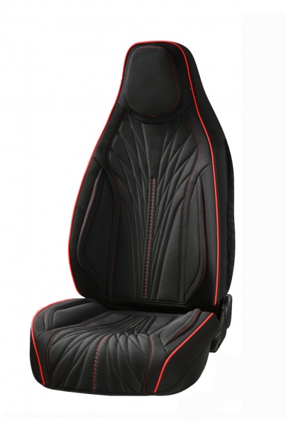 Set huse scaune auto compatibil Dacia Duster I 2010-2017, material textil negru cu dunga rosie, cu tetiera integrata, fata-spate