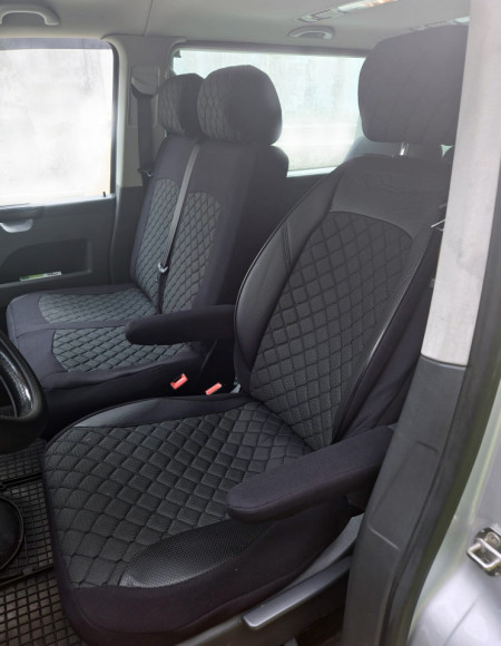 Set huse scaune auto compatibile VW T5 Transporter Caravelle 2003-2015, fata 2+1 locuri, piele ecologica cu textil, negru cusatura neagra